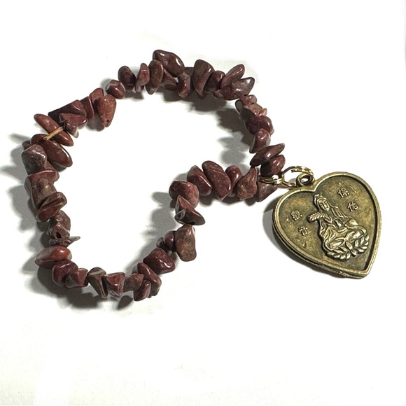 Chinese Goat Sign Charm Stretch Bracelet Natural Reddish Brown Stone Chips - Picture 4 of 4